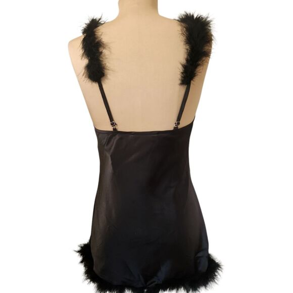 DOLLS KILL🔖NWT! TRICKZ N' TREATZ Black Satin Marabou Trimmed Slip Dress - Picture 7 of 11